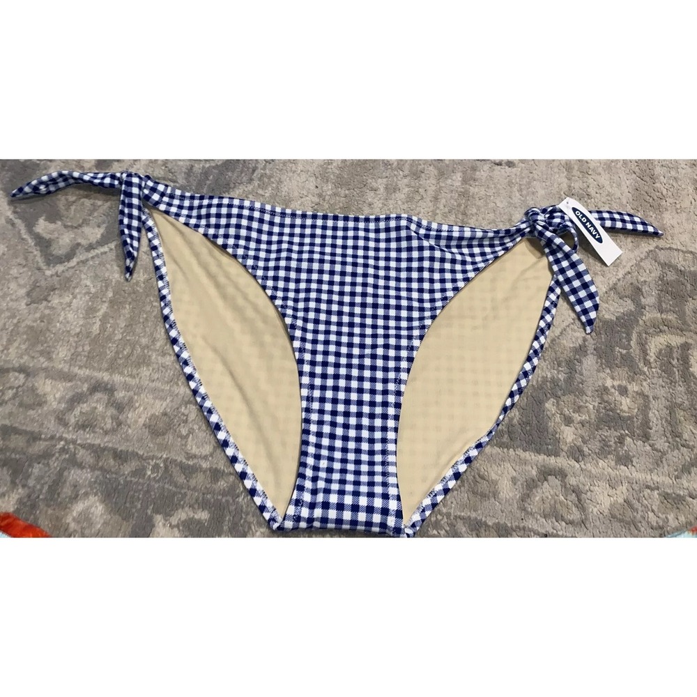 New Old Navy Bikini Bottom Side Knot Tie Blue White Gingham Check Womens Sz XL